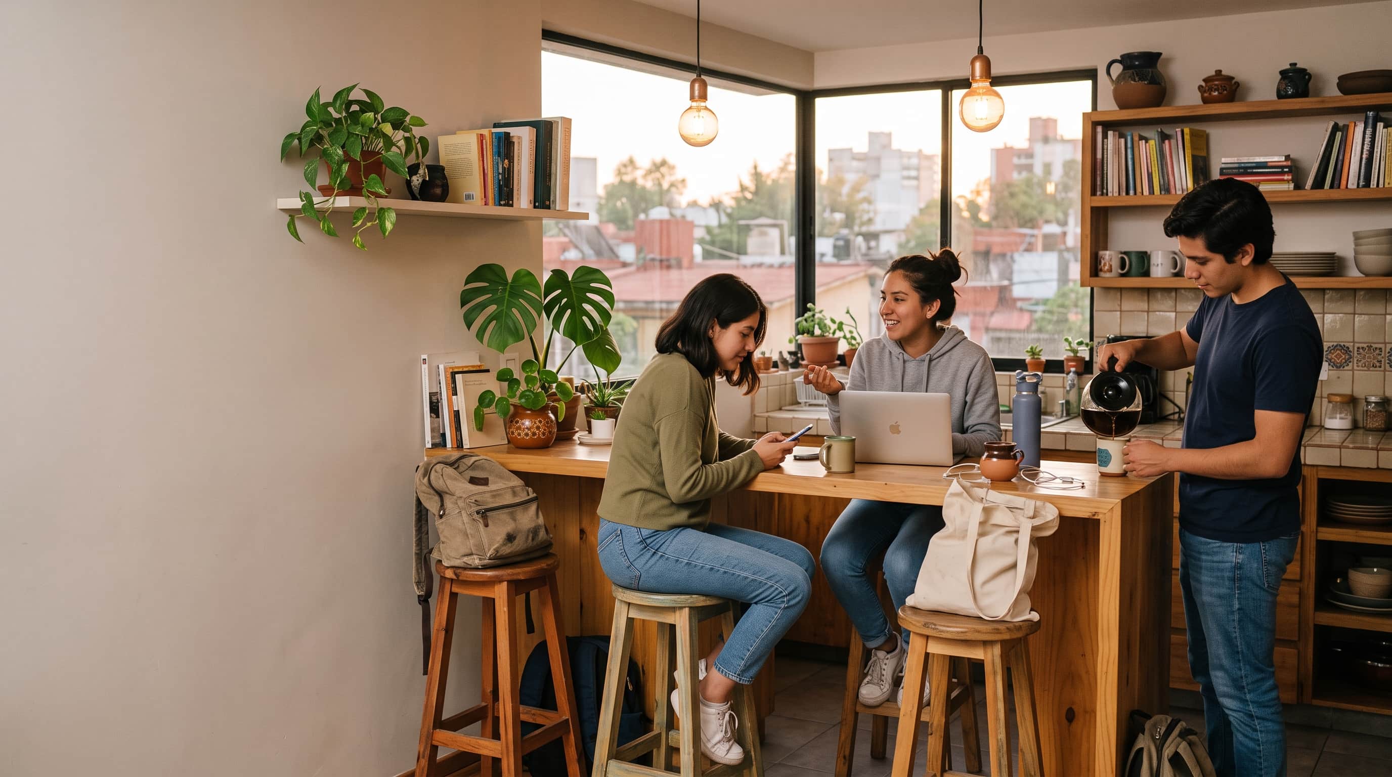 Persona estudiando en un espacio compartido mientras otra prepara café
