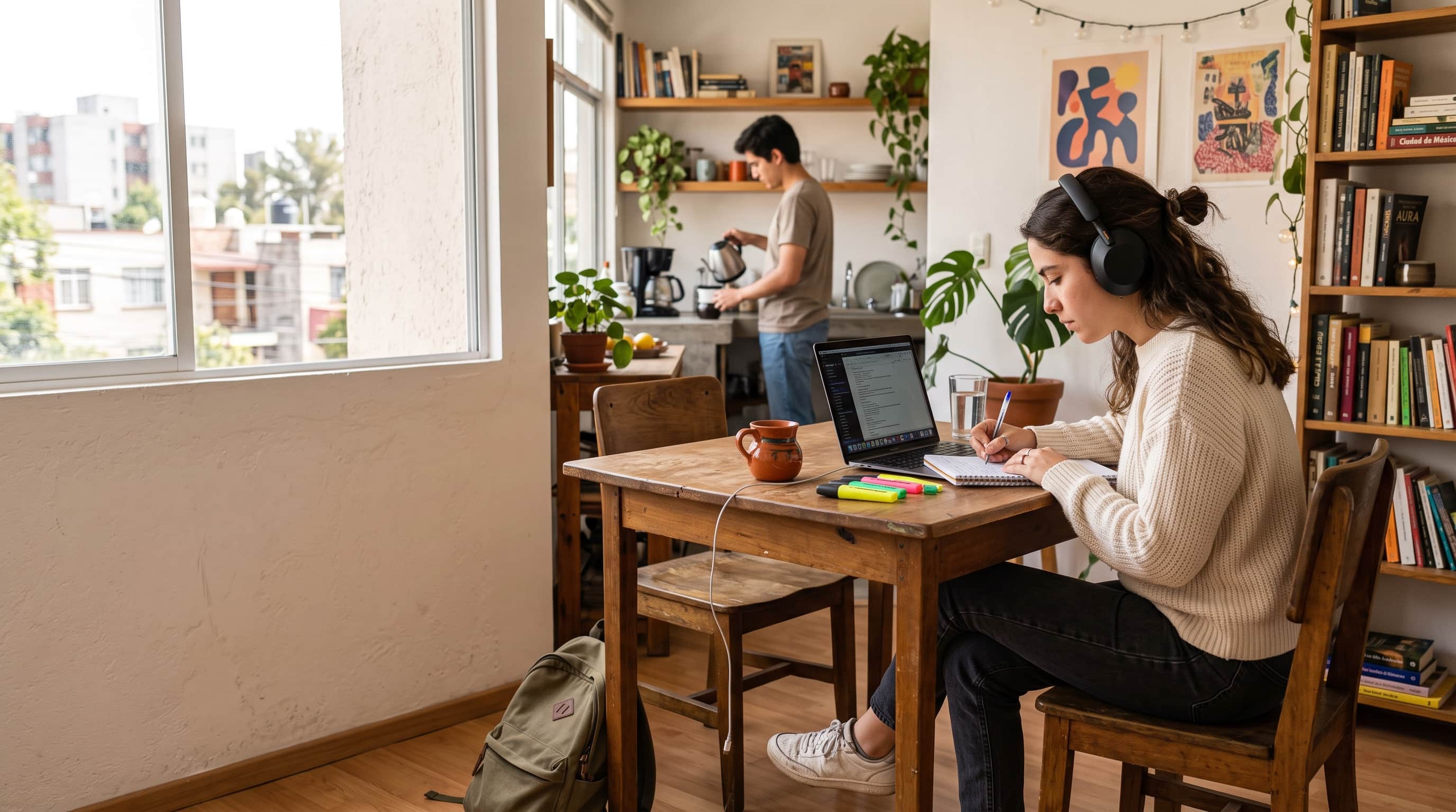 Tres roomies conversando en una cocina en Ciudad de México
