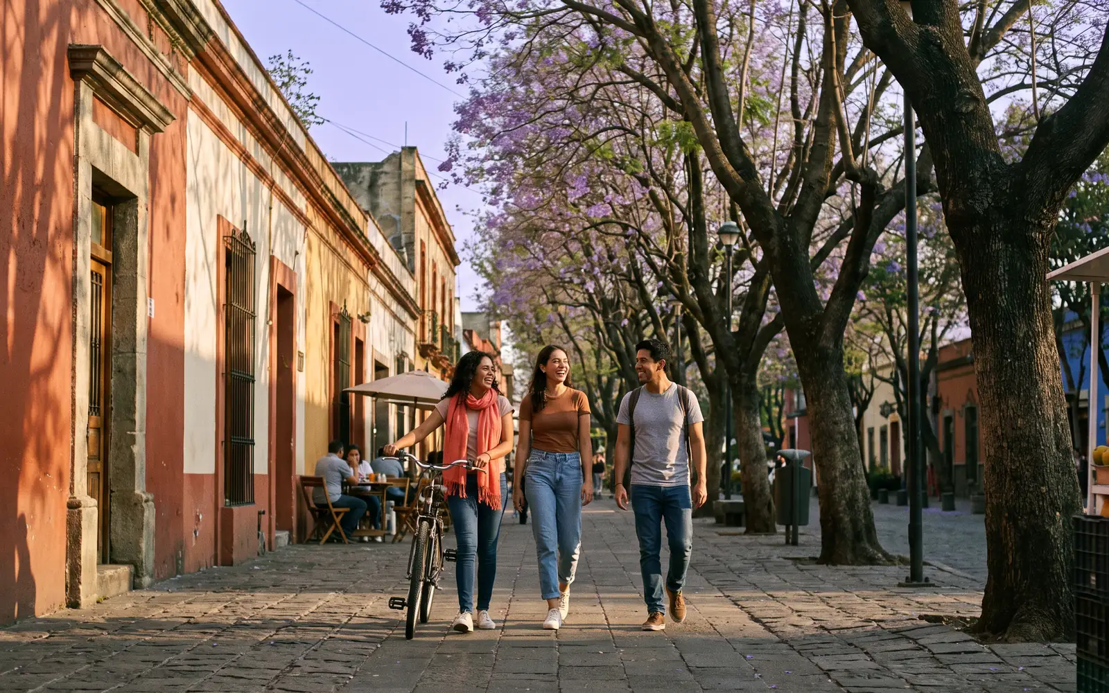 People walking along a tree-lined street in Mexico City at sunset