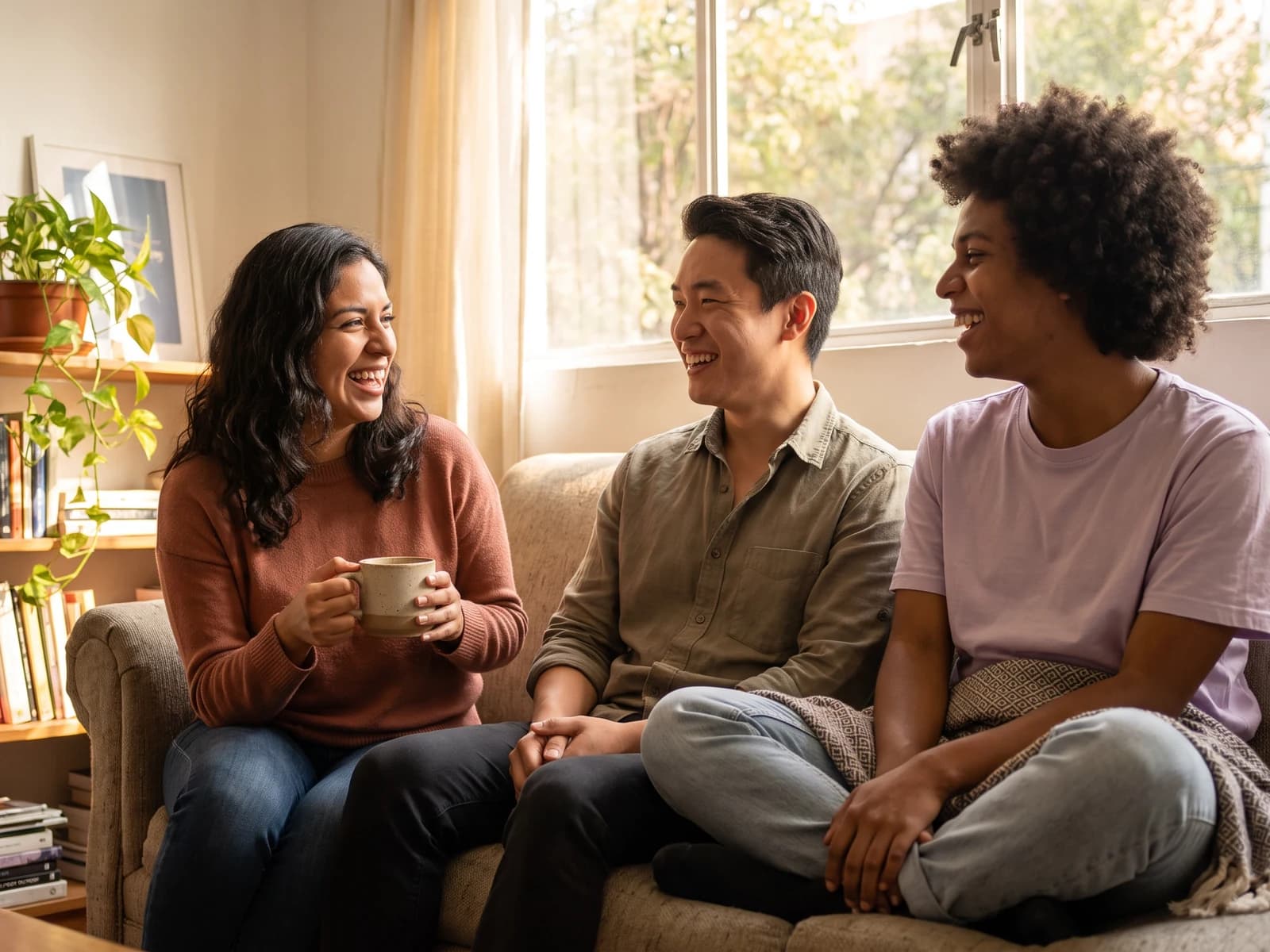 Tres jóvenes conversando en la sala de su departamento compartido