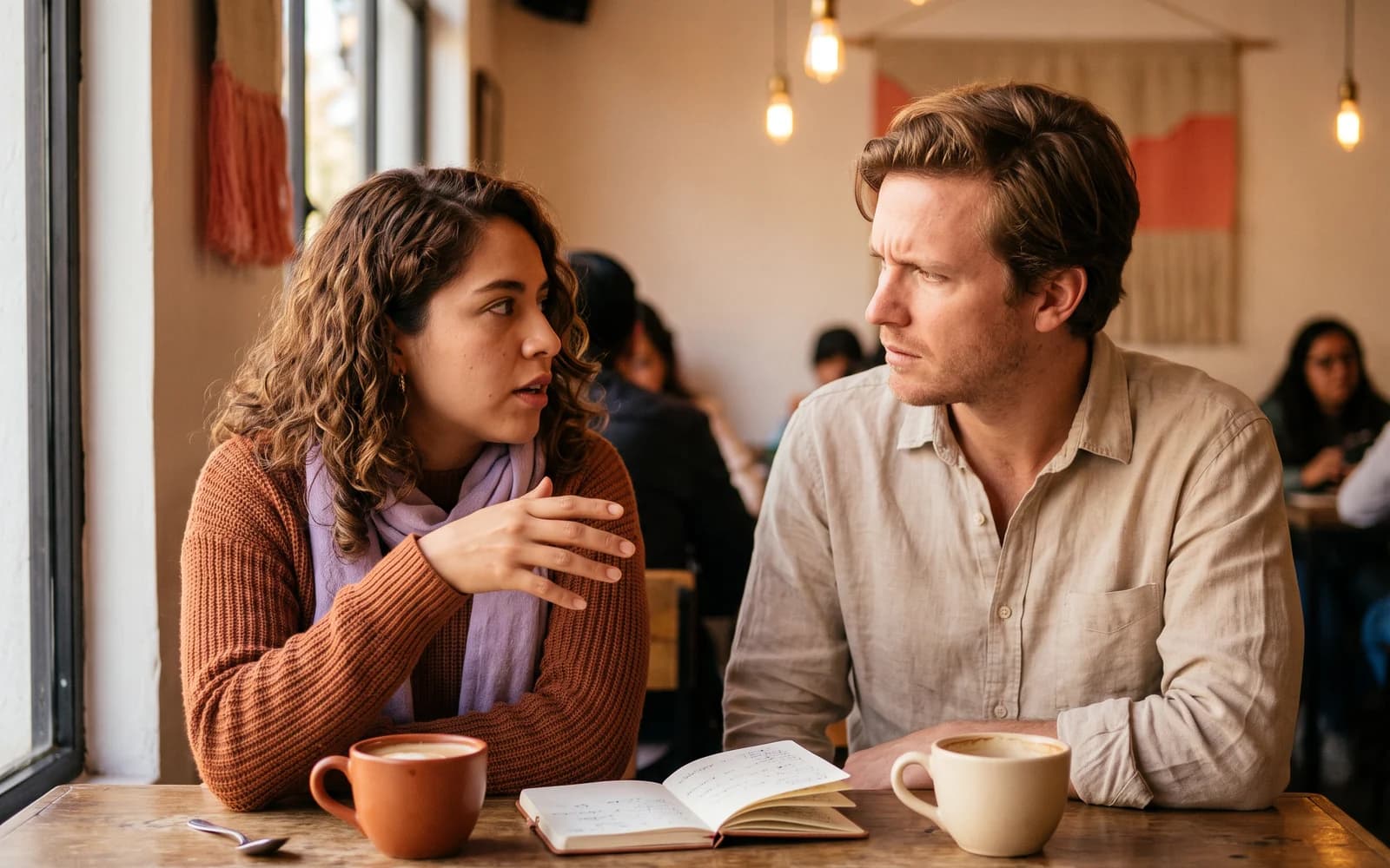 Dos personas conversando en un café antes de decidir vivir juntas