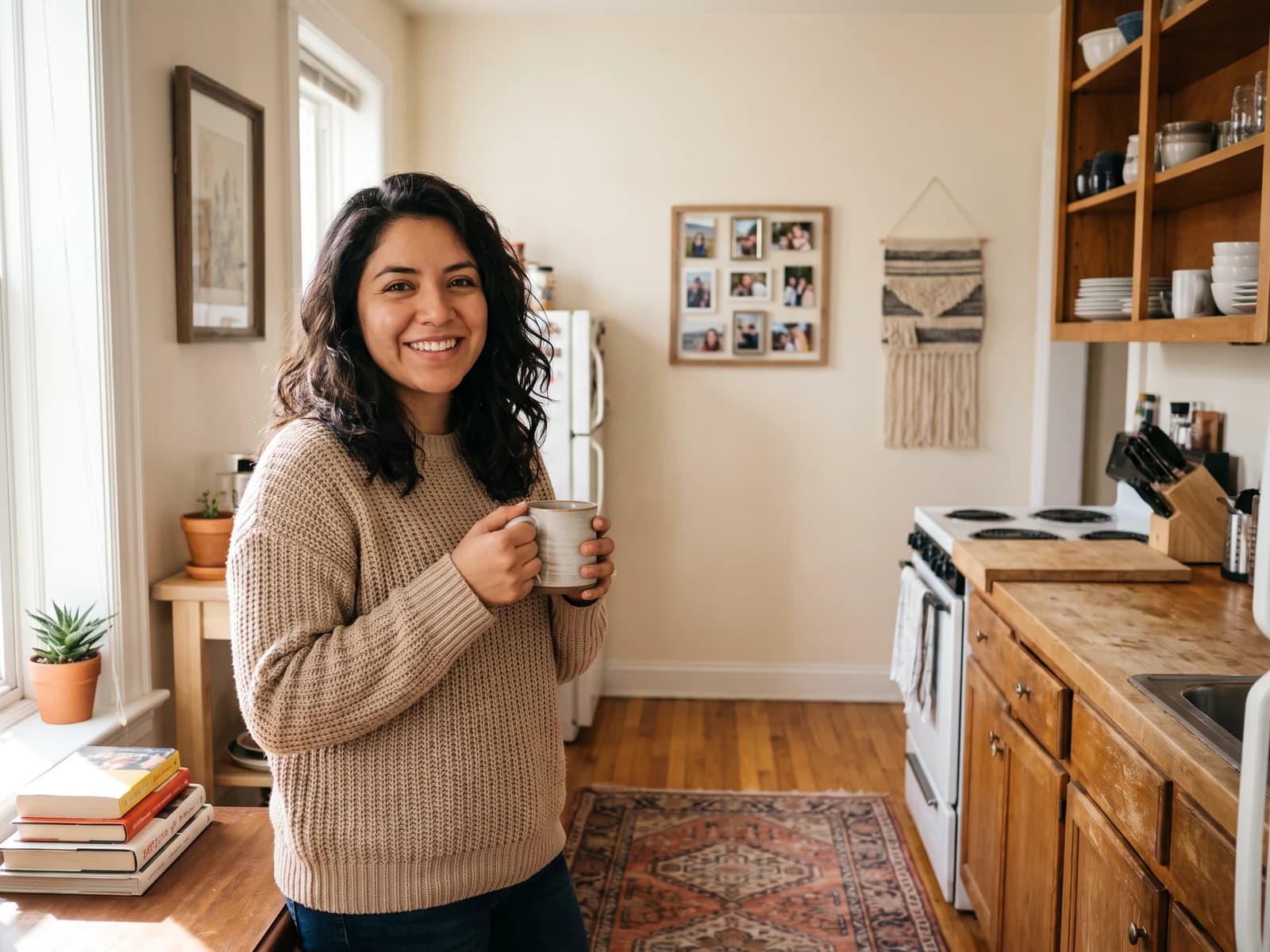Anfitriona sonriendo en la cocina de su departamento con una taza de café